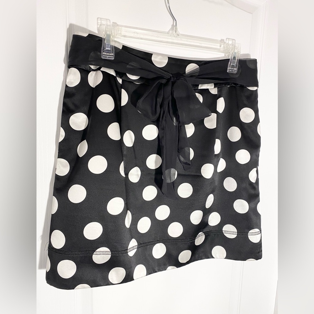 Y2K Madison Polka Dot Satin Mini Skirt Sheer Tie Waist Black White 10